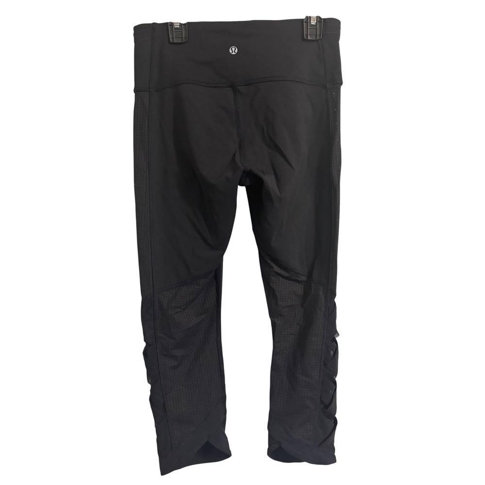 Lululemon Black Mesh Lattice Laser Cut Cropped High Rise Leggings Tight Size‎ 6
